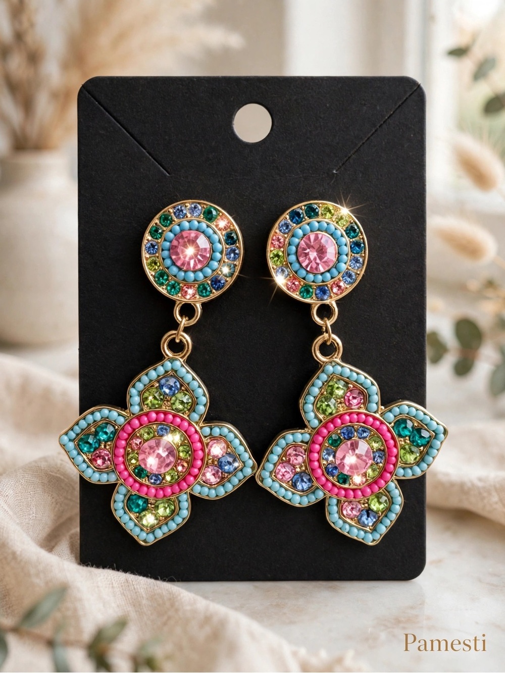 Multicolor Crystal Drop Earrings - Pink & Turquoise